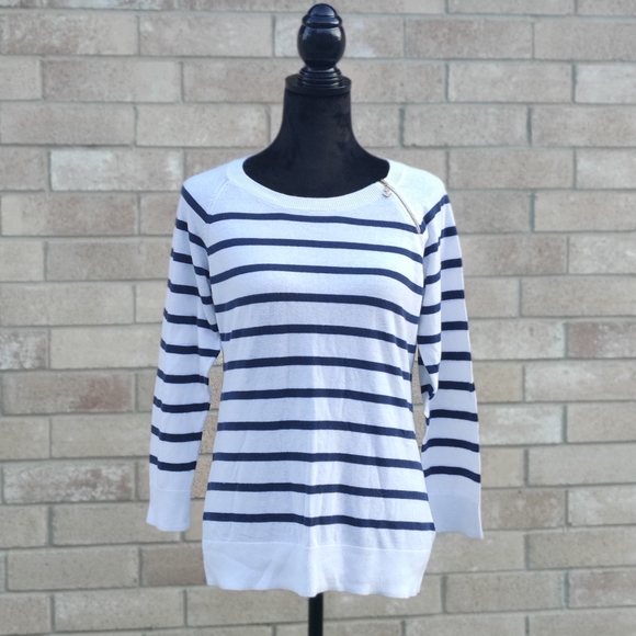 Nautica Navy Blue White Natuical Stripe Blouse Top - Picture 2 of 9
